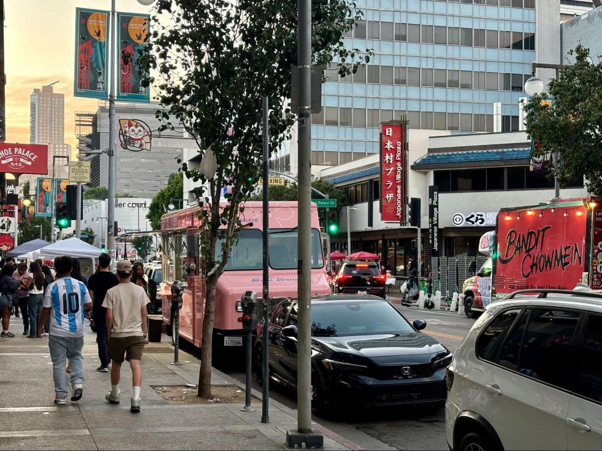 Food trucks, pop-up stores, and Japanese signs at Little Tokyo 2nd St