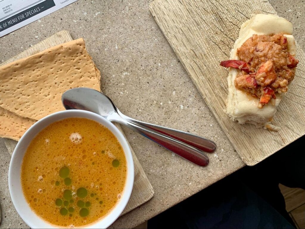 Top view of a Lobster roll and lobster bisque