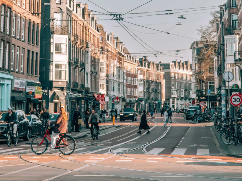 View of the buildings and cycling path in Amsterdam