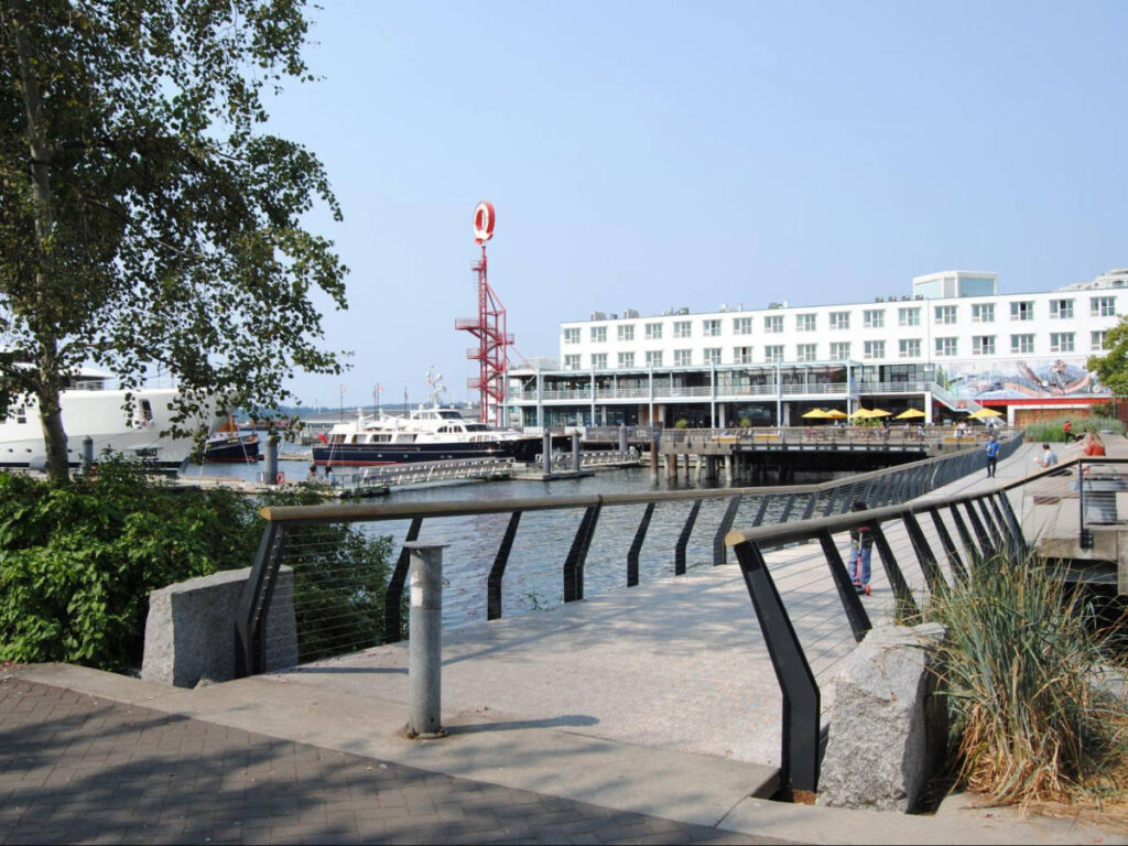 View of the iconic Q tower in Lonsdale Quay