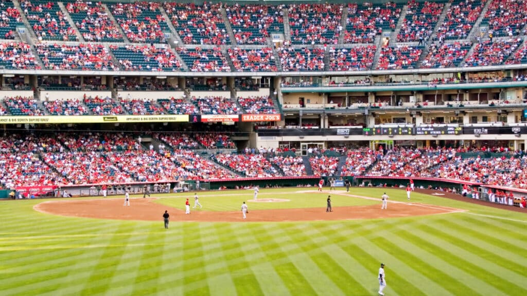 View of the crowd watching a game inside the Angel Stadium