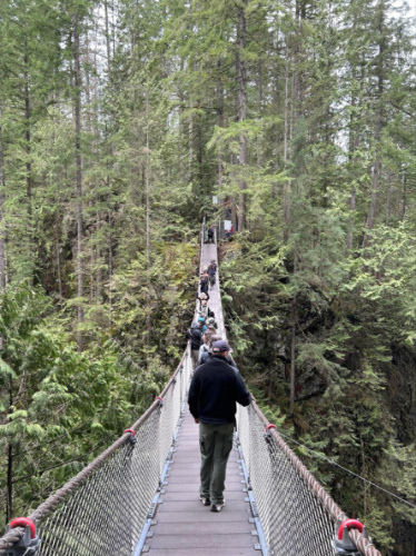 People crossing the Lyn Canyon Suspension Bridge