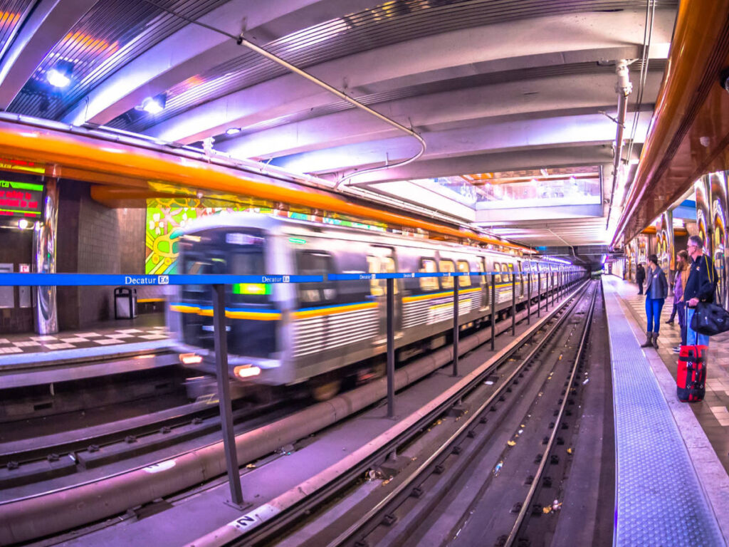 View of the people on the platform and the MARTA train passing through