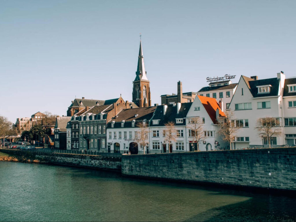 The buildings in Maastricht near the canal seen from the St. Servatius Bridge