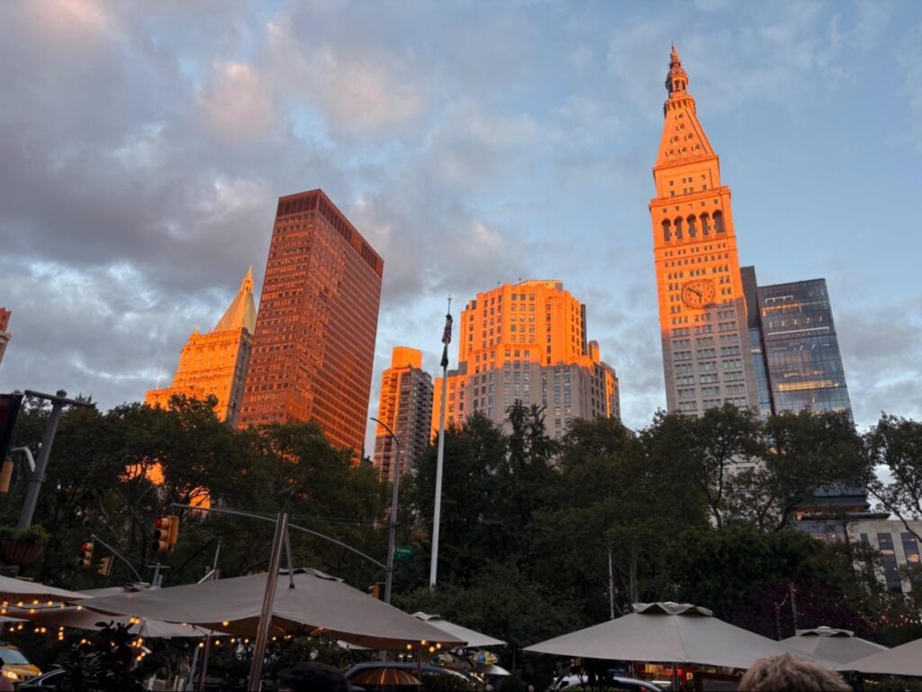 View of the buildings near Madison Square Park during sunset