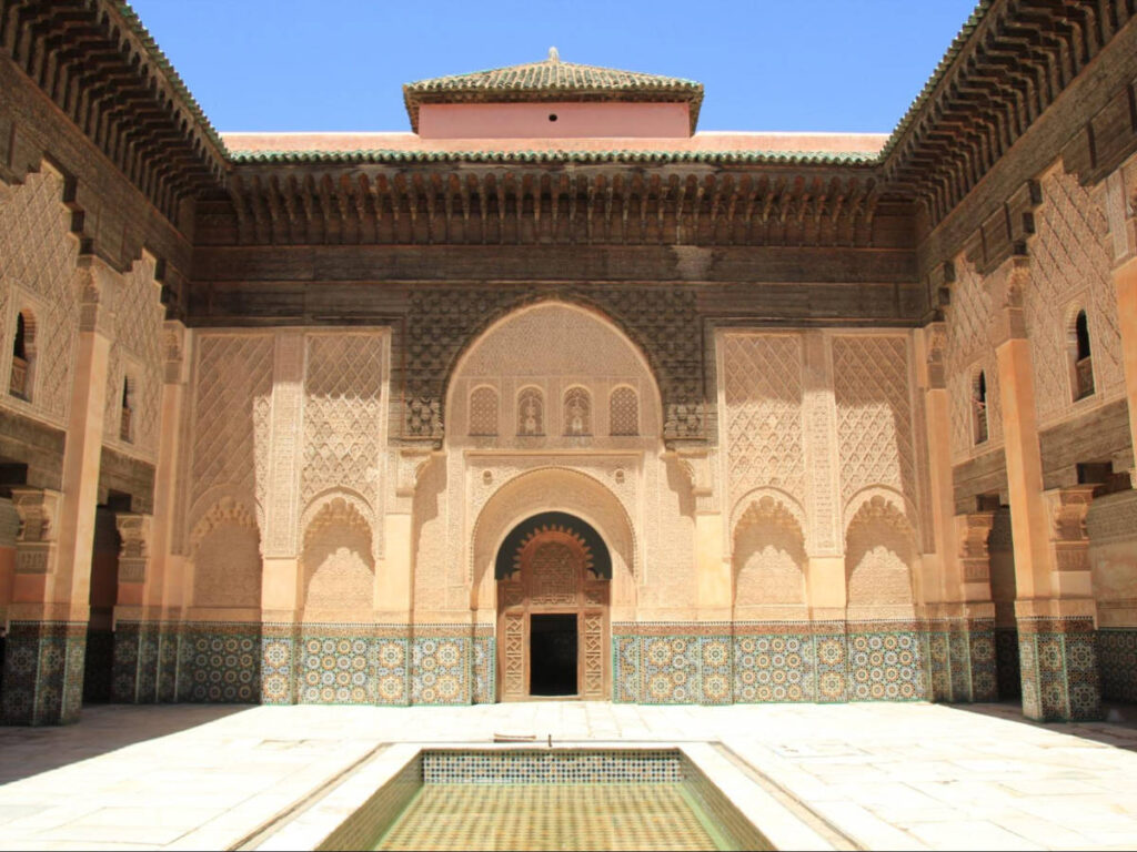 View of the traditional Moroccan architecture at Madrasa Ben Youssef