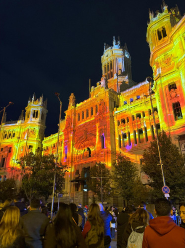 A building with holiday lights display in Madrid