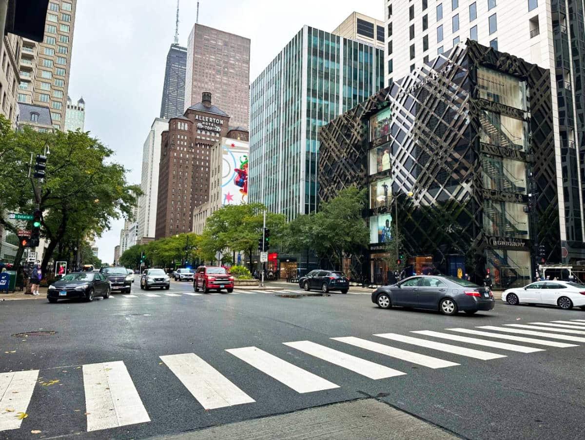 View of the skyline and vehicles around the busy Magnificent Mile