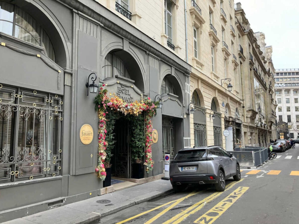 The Christmas decorations at the entrance of Maison Favart hotel