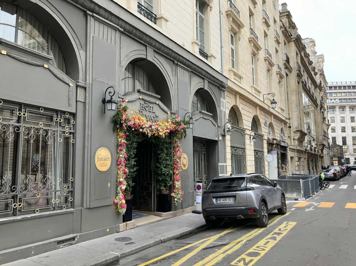 The Christmas decorations at the entrance of Maison Favart hotel