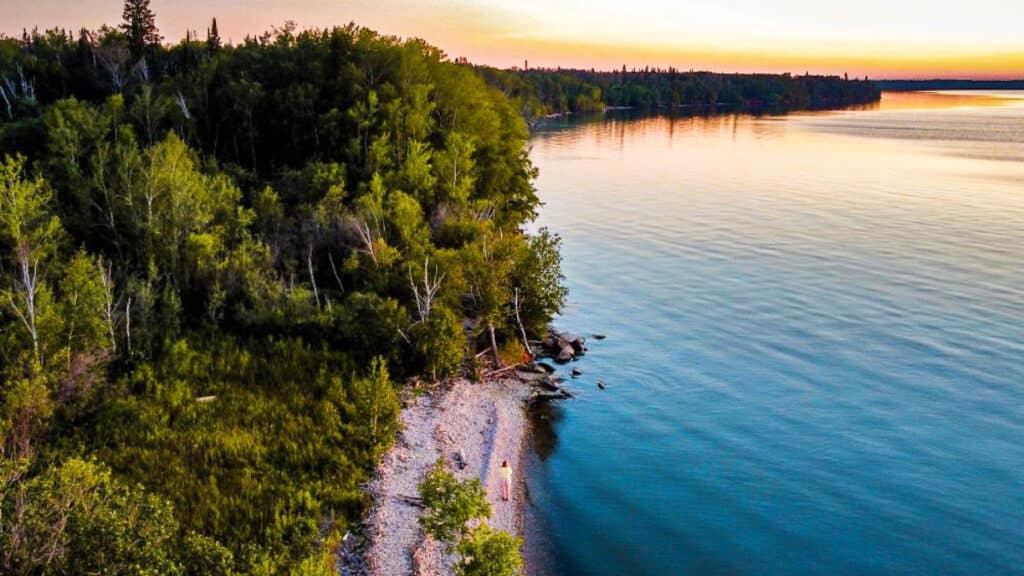 Aerial view of an island surrounded by greenery in Manitoba