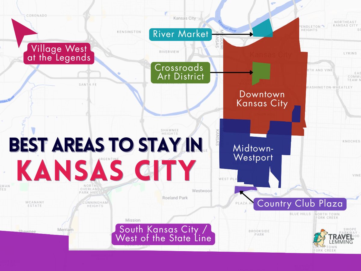 A graphic map that shows the best areas to stay in Kansas City