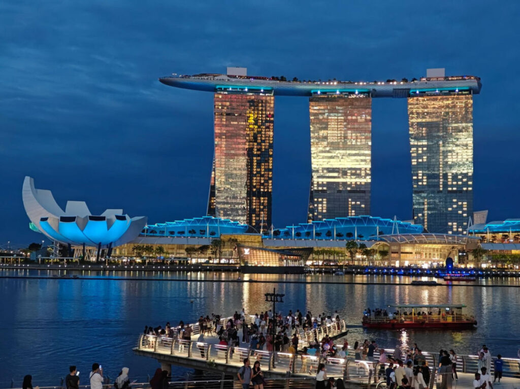 Facade of the Marina Bay Sands Hotel during sunset