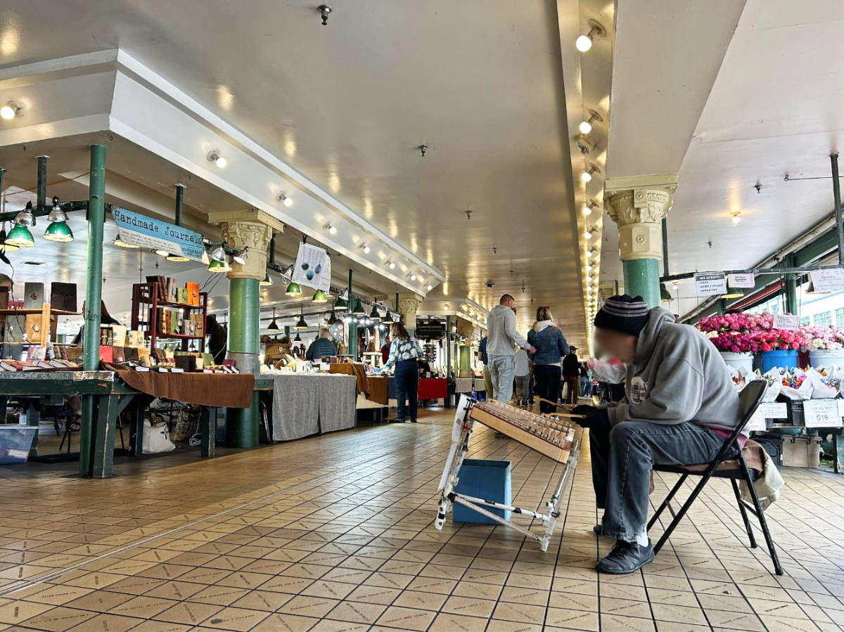 View of people on a market in Downtown Seattle