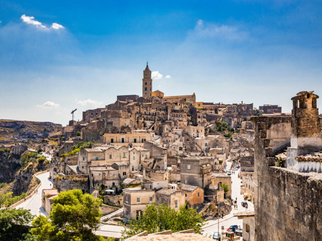 Panoramic view of the ancient houses of stone and brick in Matera