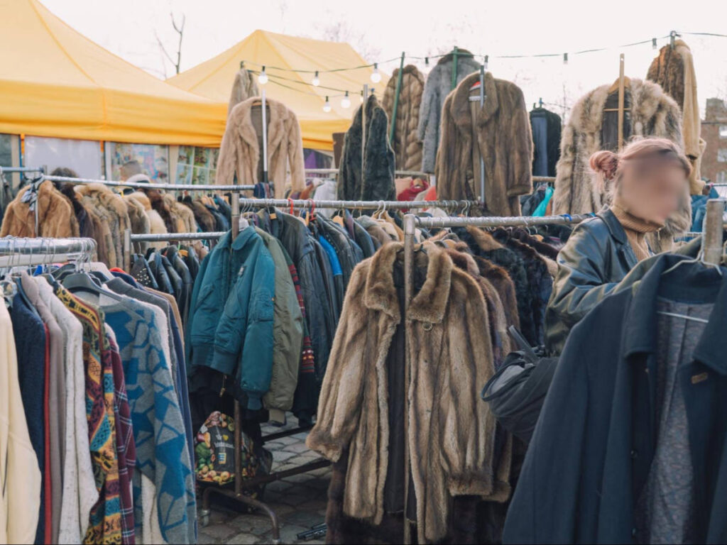 A woman checking out the vintage stand of clothes at the Mauerpark