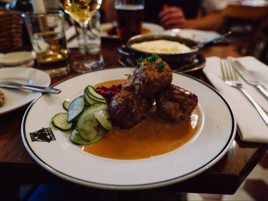 A plate with meatballs at Pelikan Restaurant