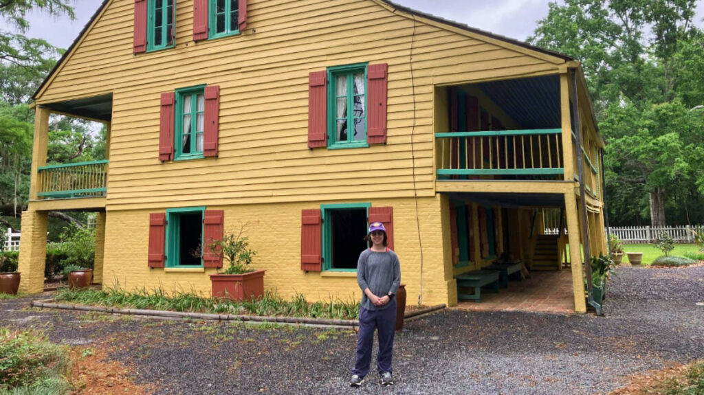 The author, Meg O'Connor, outside the Longfellow-Evangeline National Historic Site