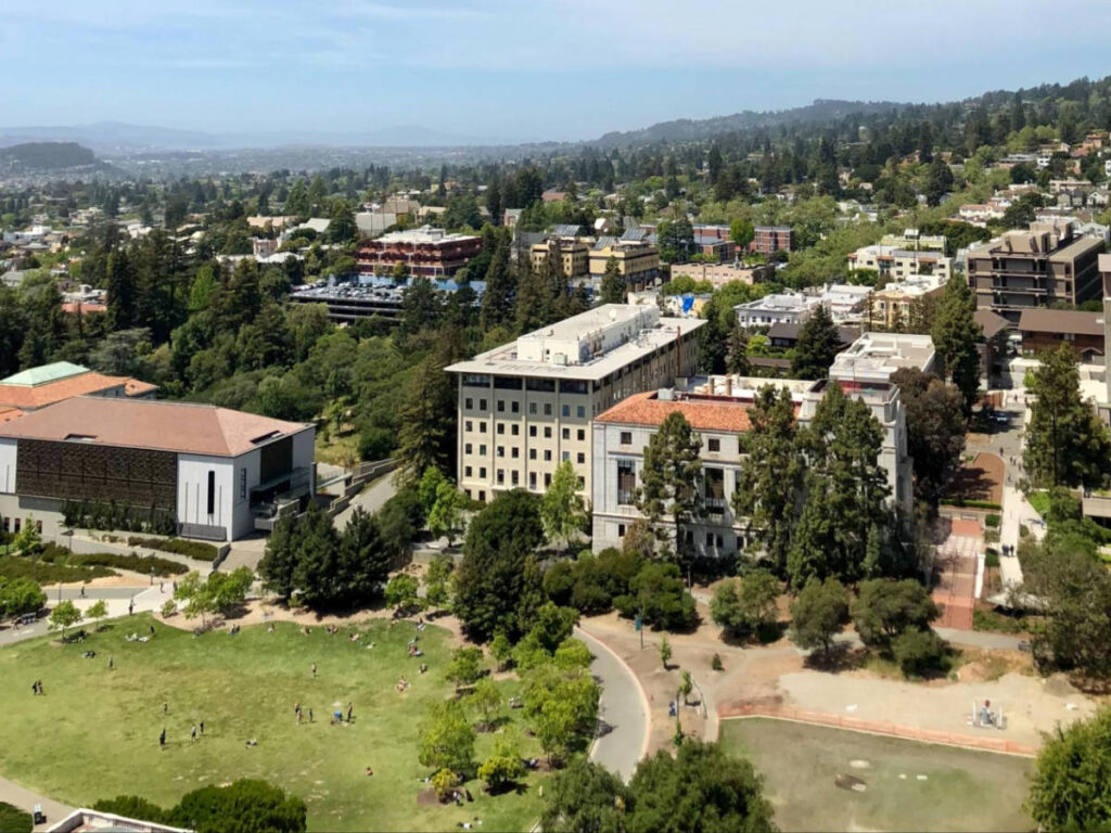 Overlooking view of the Memorial Glade surrounded by greenery seen from the top of the Campanile Tower