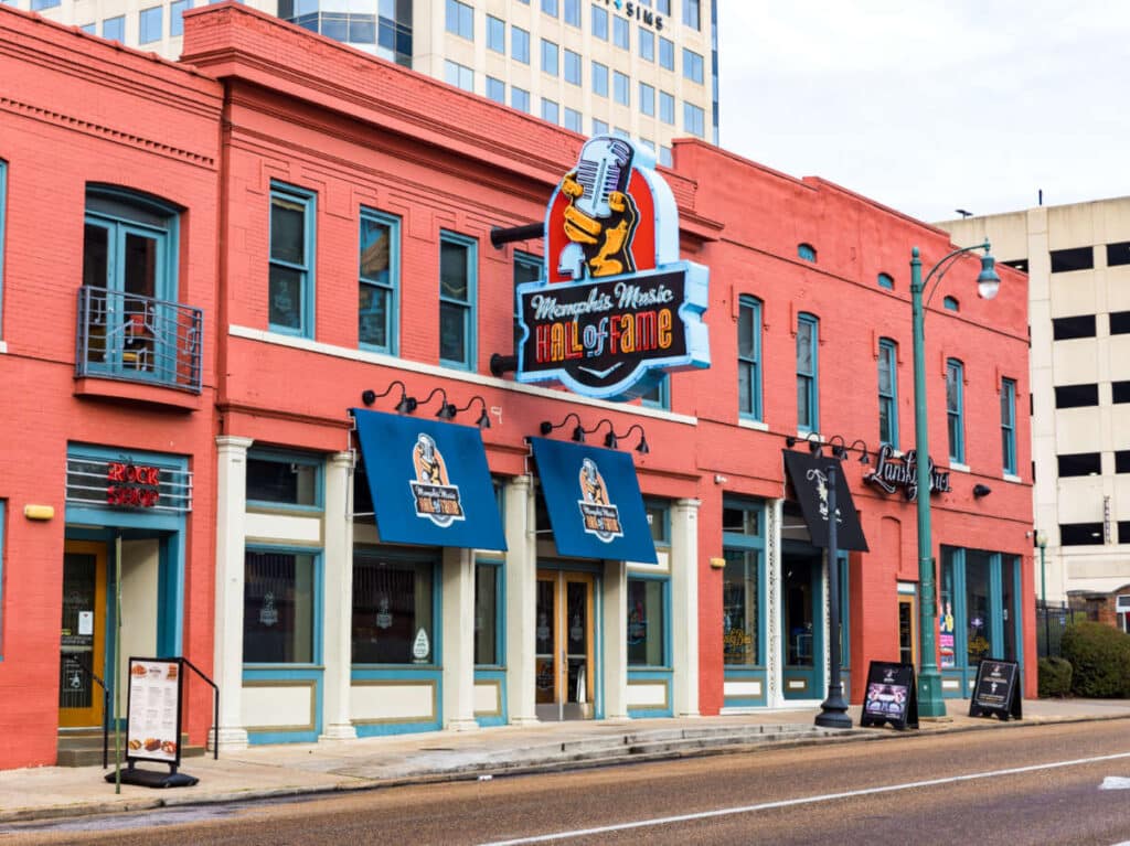 View of the bright exterior of Memphis Music Hall of Fame