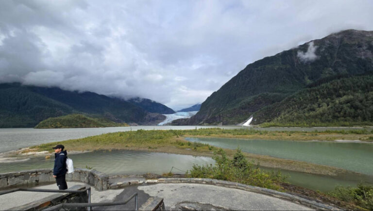 Panoramic view of the Mendenhall Glacier and Nugget Falls