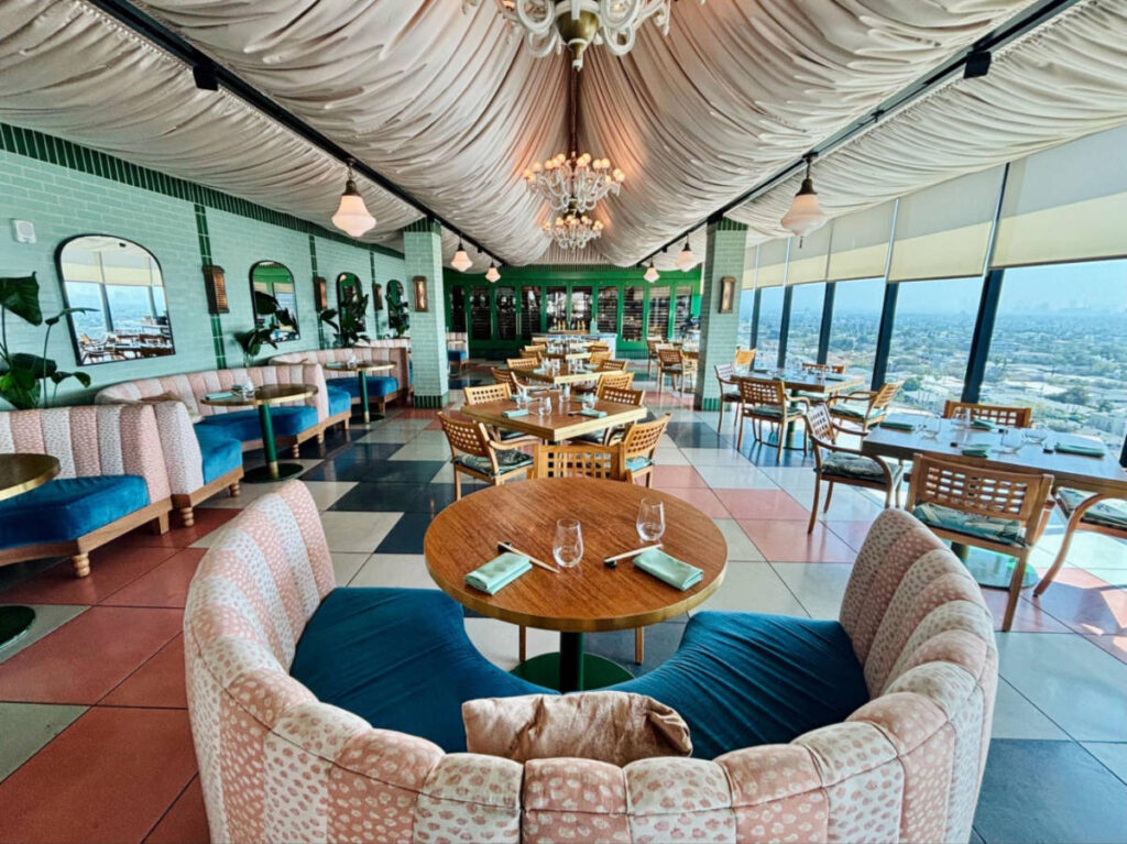 View of the chic interior of the Merois rooftop restaurant