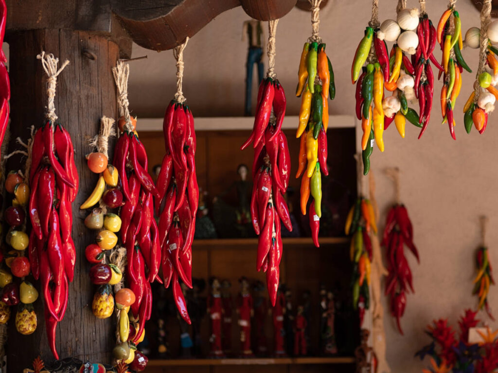 Mexican chillies hanging in one of the spice stands in Santa Fe
