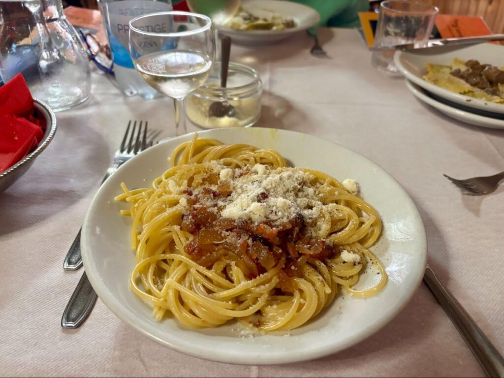 A plate of spaghetti alla carbonara from Mezza Luna