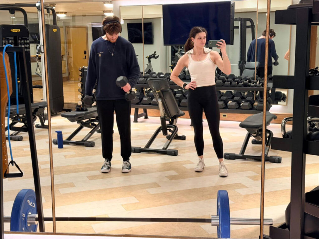 The author Betty Hurd and her boyfriend, Michael, working out at the gym of the Sun Rose hotel
