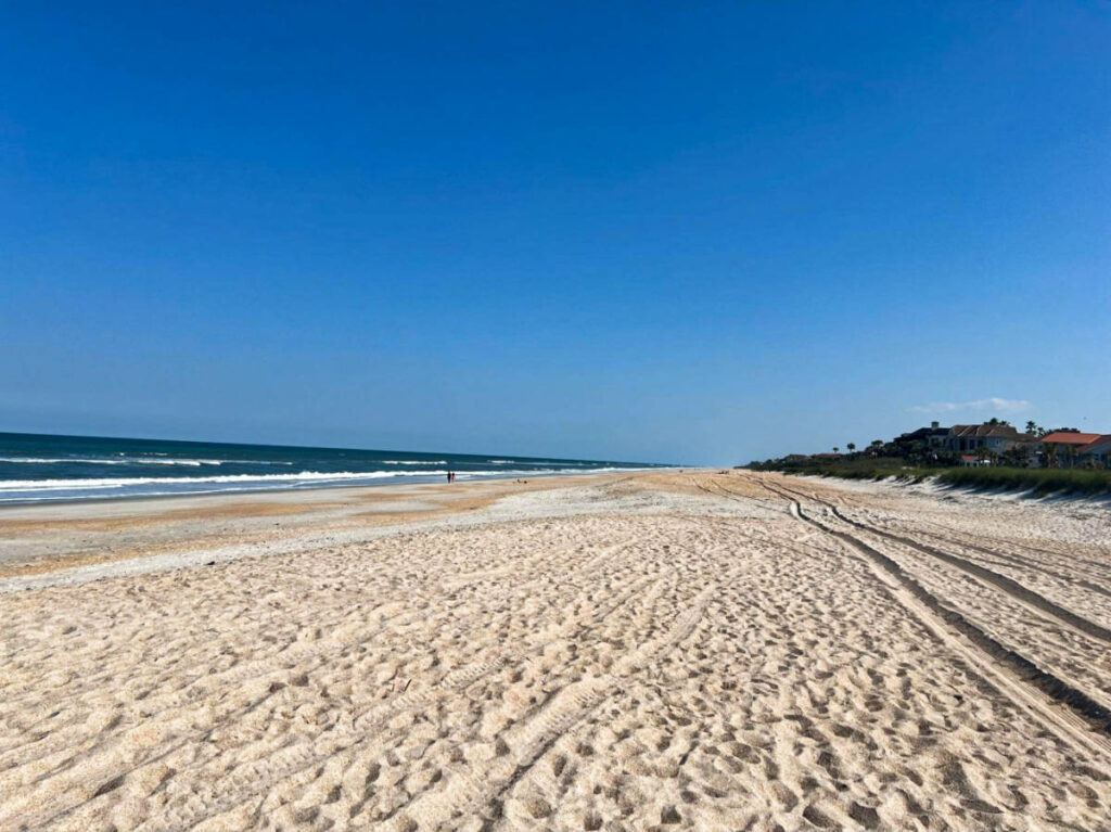 The white sand coast of Mickler’s Landing with a clear blue sky