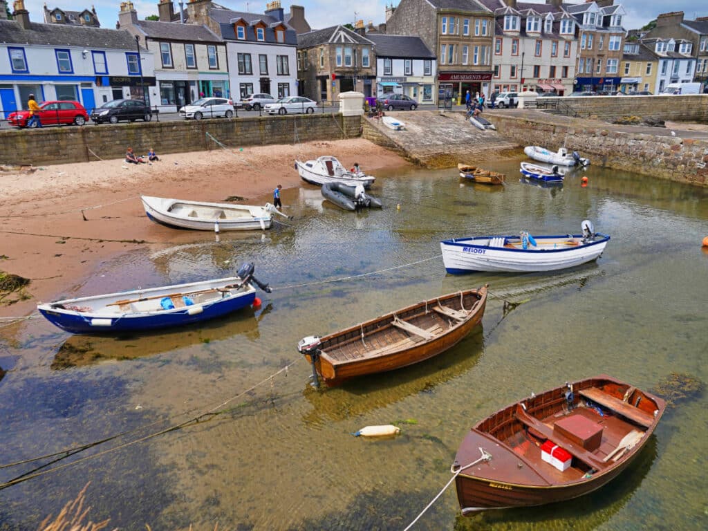 View of boats the town of Millport