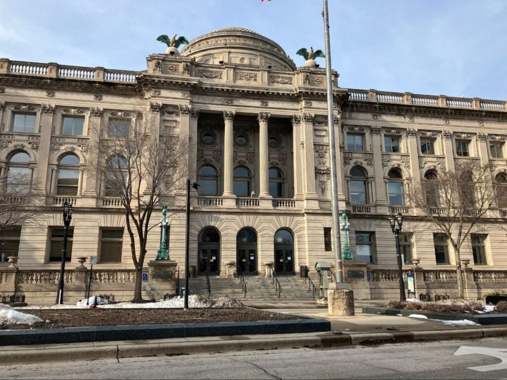 View outside the grand Milwaukee Public Library in Kilbourn Town