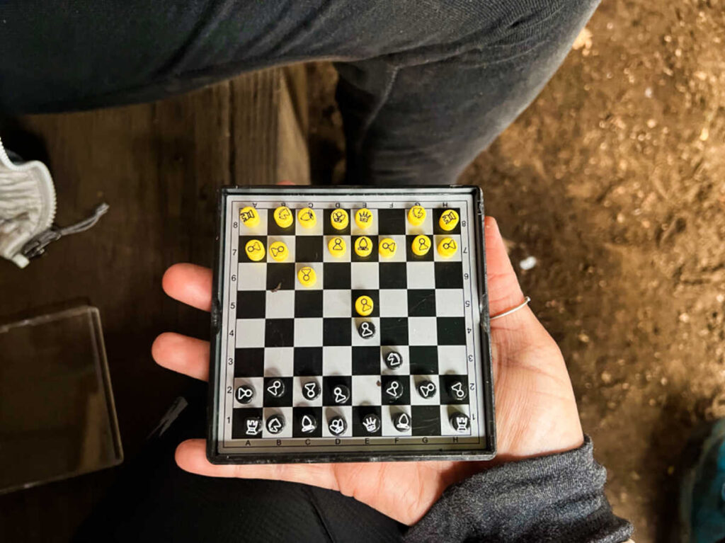 A hand holding a mini chess board