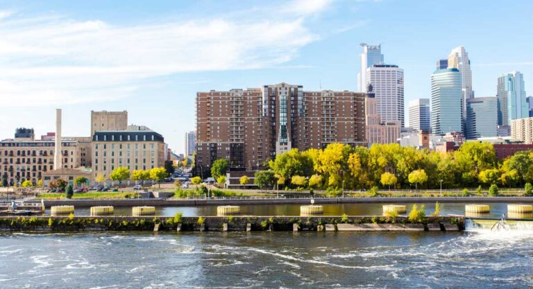 Scenic view of the river and the city skyline of Minneapolis