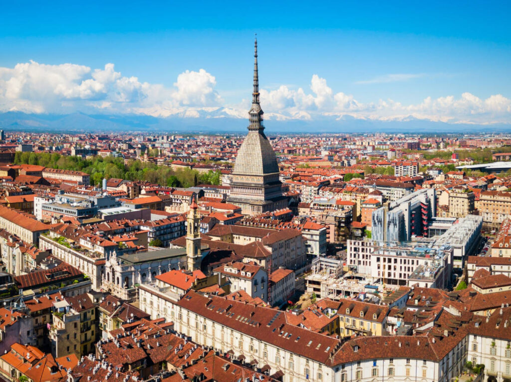 Overlooking view of the Mole Antonelliana in the middle of Turin’s skyline