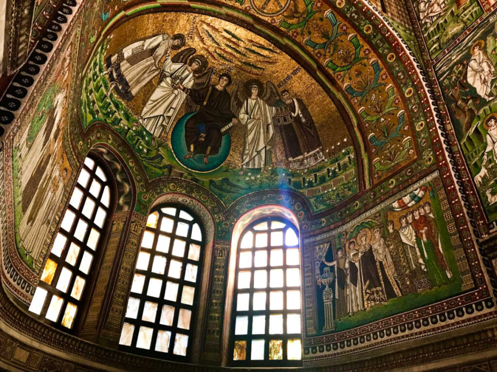 View of the intricate interior and the mosaic of Basilica of San Vitale