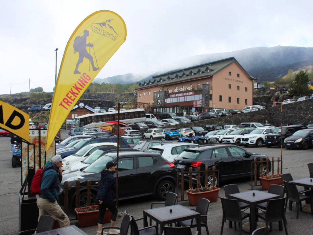 View of the parking area outside the visitor complex near Mt. Etna