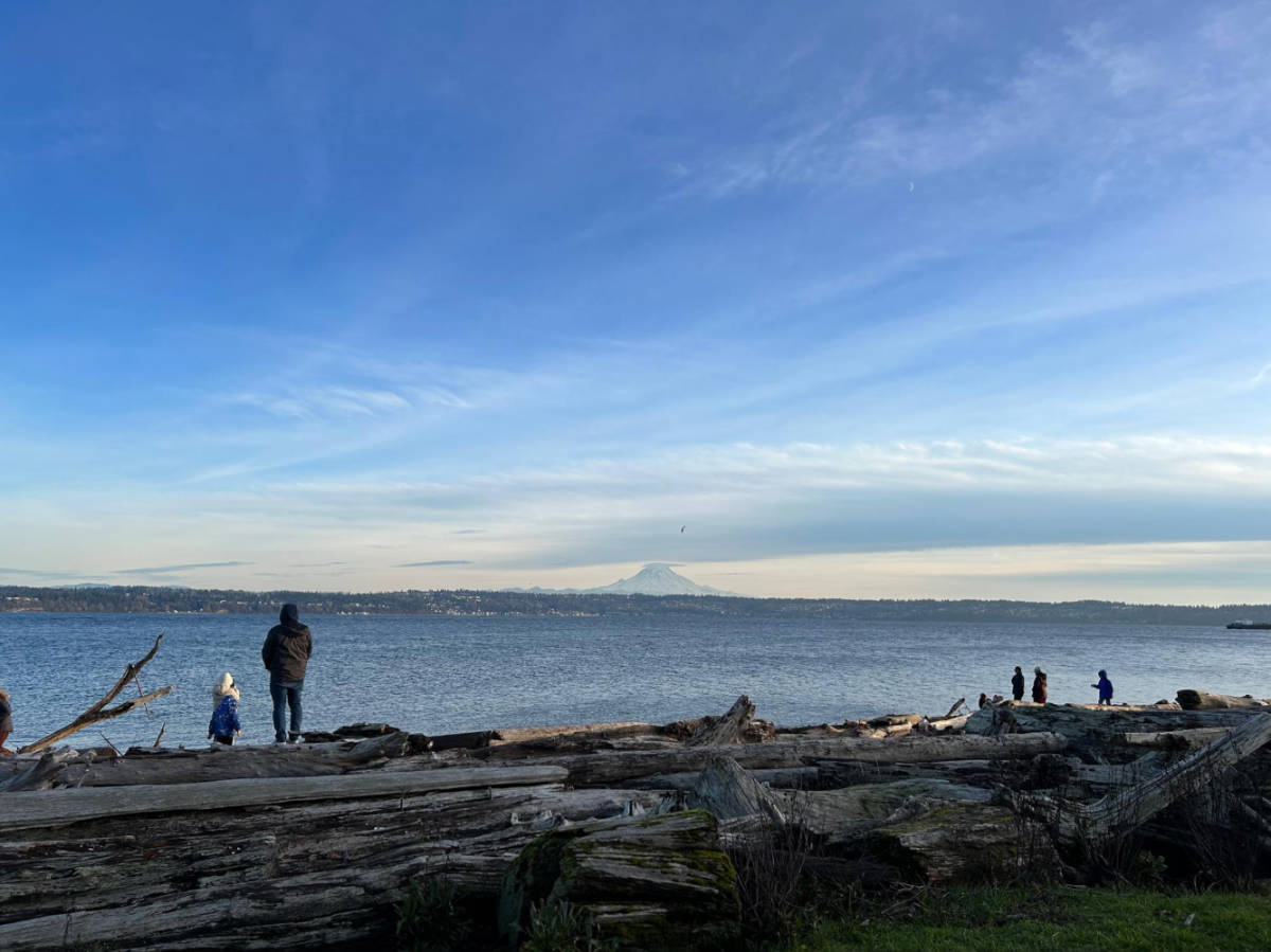 People enjoying the view of Mount Rainier from Point Robinson Park on Vashon