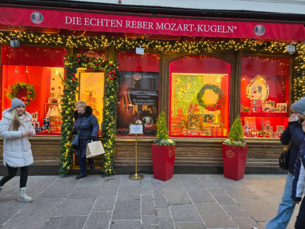 The festive Christmas decorations outside the Mozart Kugeln