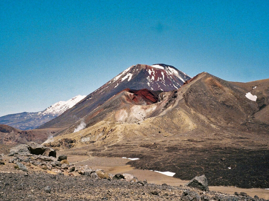Panoramic view of The Red Crater, Mt. Ngauruhoe, and Mt. Ruapehu