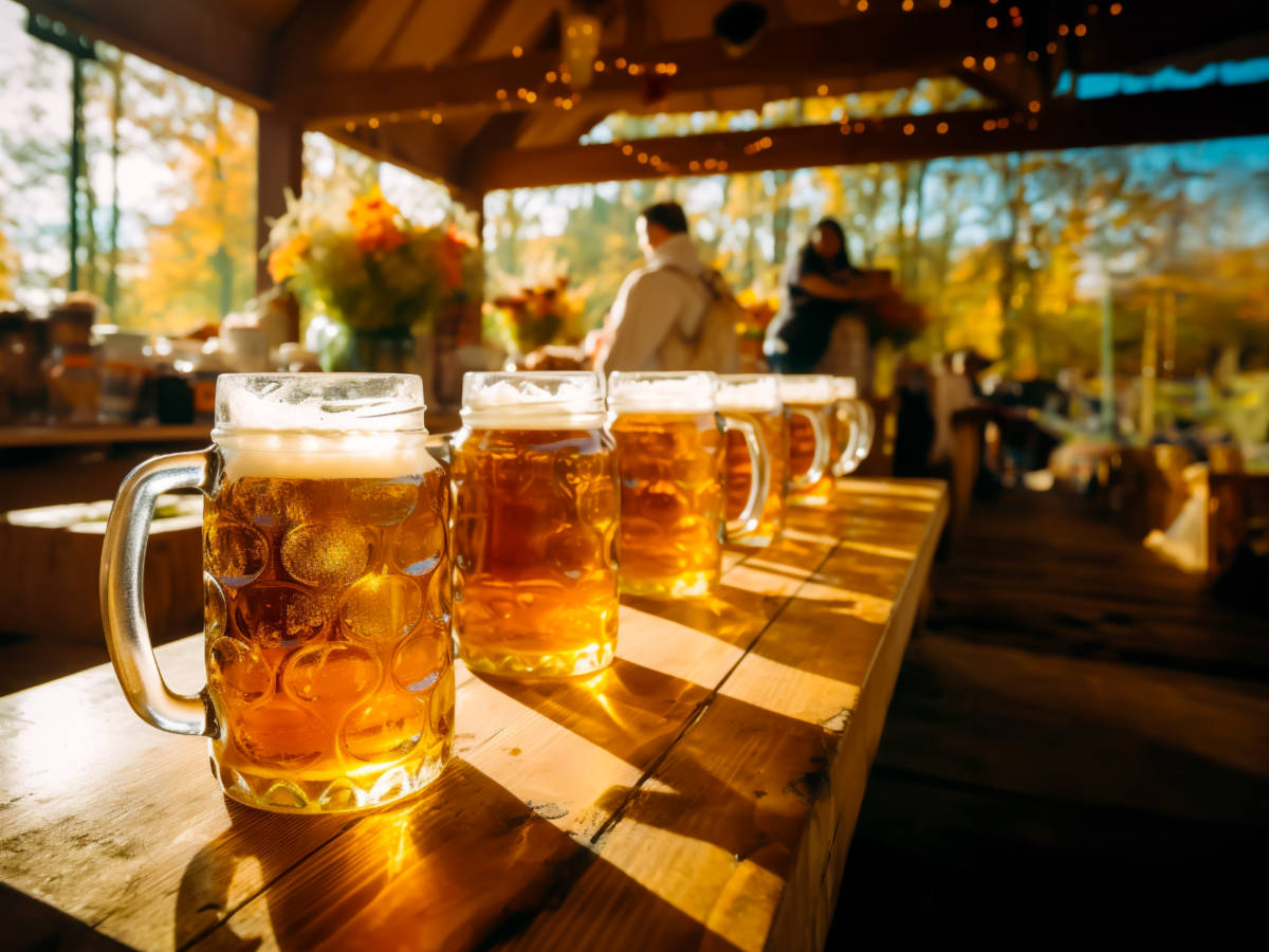 Row of larges mugs with Beer on a table in a pub