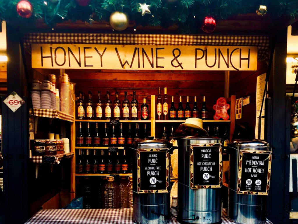 View of a honey wine stand at the Christmas Market in Old Town Square