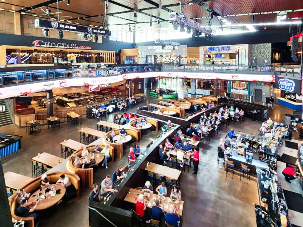 Overlooking view of the people dining at the ground level of Live Arena
