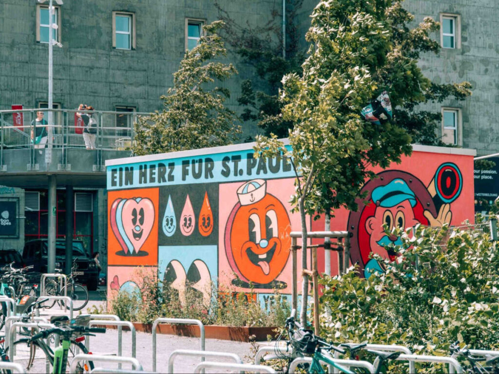 The colorful mural on the power station in the street
