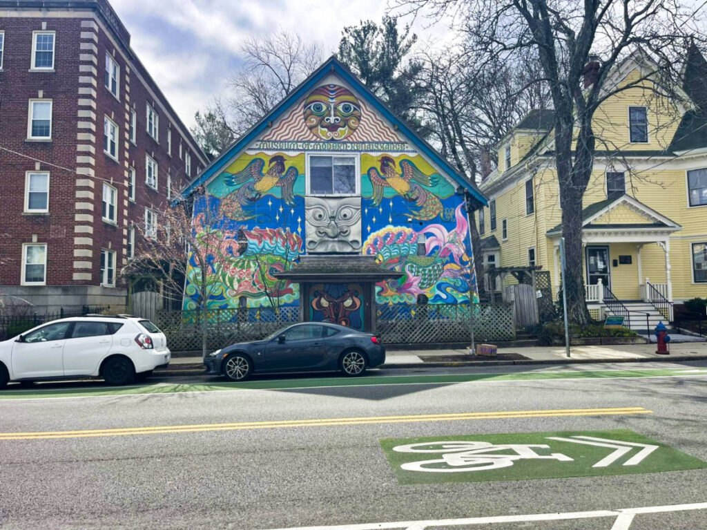 View of the colorful exterior of Museum of Modern Renaissance and House from across the street