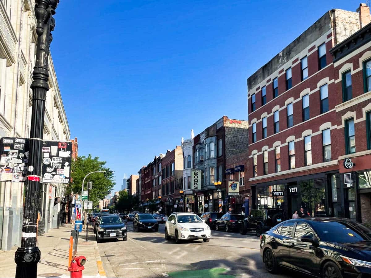 View of the shops and the busy street in N Milwaukee Ave