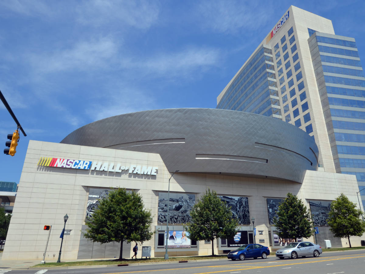 View of the signage and the exterior of the NASCAR Hall of Fame