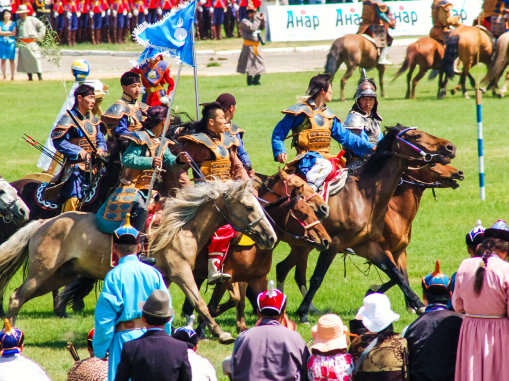 Horseback archers during Nadaam Opening Ceremony in Mongolia