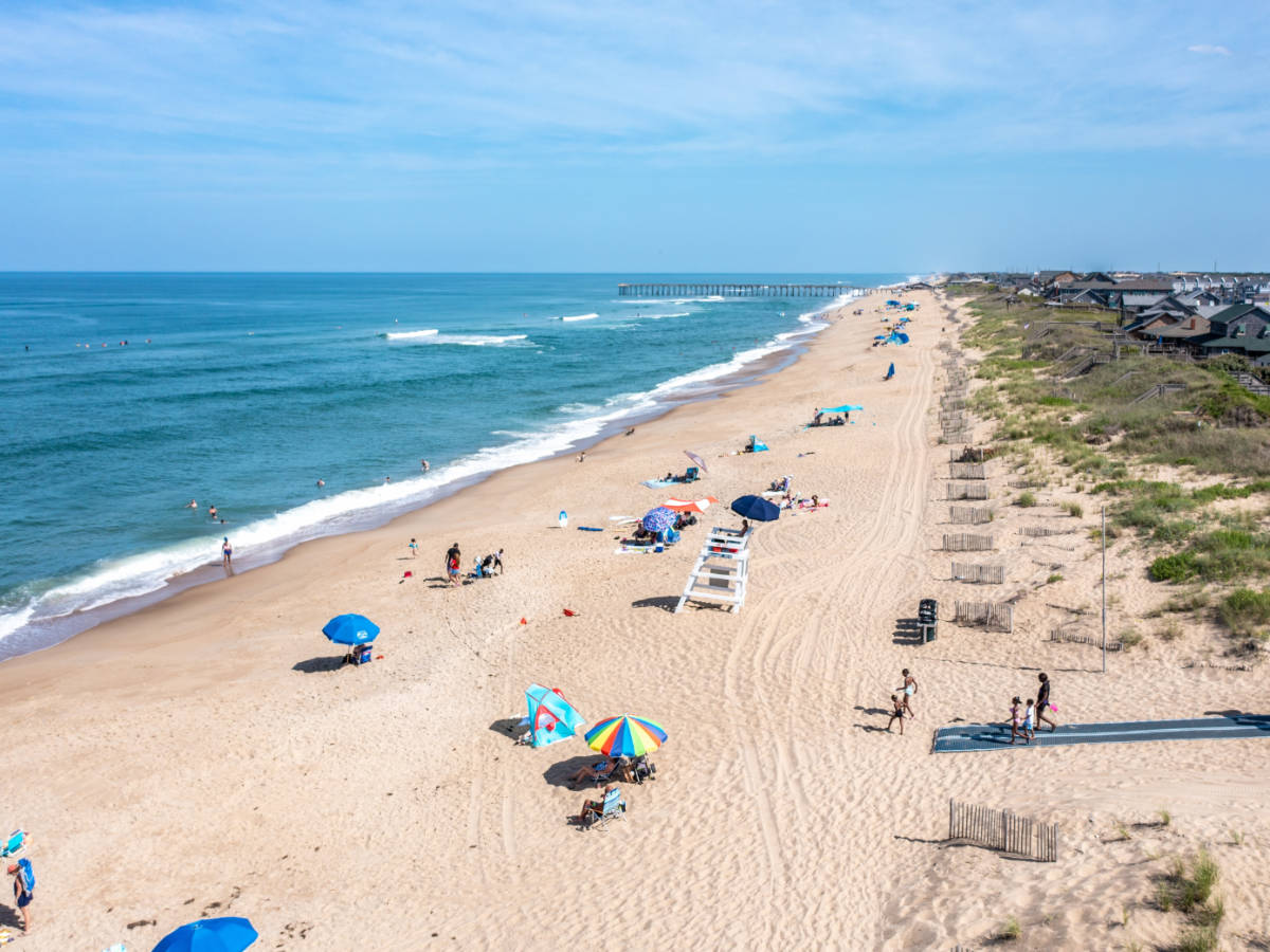 Overlooking view of people on a beach in Nags Head