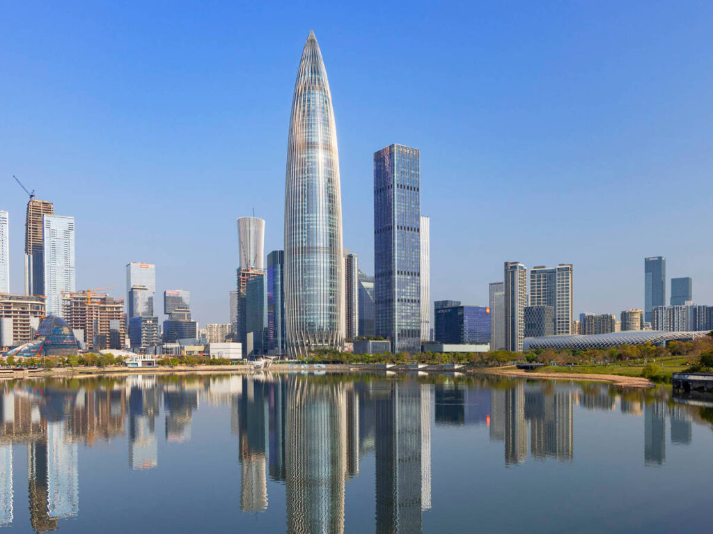 Panoramic view of the skyscrapers reflecting on the water in Nanshan